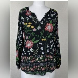 Old Navy Blouse Size L Flounce Romance Black Floral Long BalloonSleeve  EUC